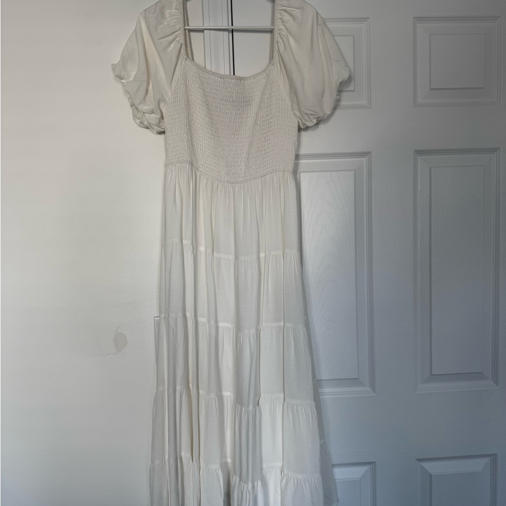 White Ruffled Tiered Maxi Dress with Puff Sleeves